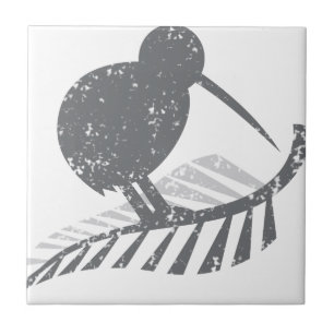 Carreau En Céramique oiseau argenté mignon de kiwi et fougère argent
