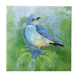 Carreau En Céramique Oiseau de jardin d'oiseau bleu d'aquarelle et de