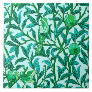 Carreau En Céramique Oiseau et grenade Art Nouveau, Turquoise