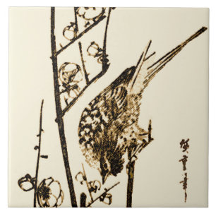 Carreau En Céramique Oiseau japonais sur une branche - Brun et beige