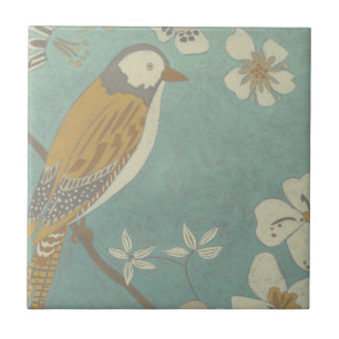 Carreau En Céramique Oiseau jaune, gris et beige été perché sur une