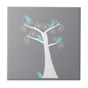 Carreau En Céramique Oiseaux bleus fantaisistes arbre gris tourbillonna