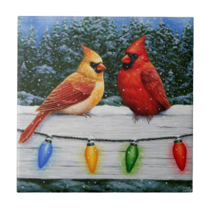 Carreau En Céramique Oiseaux cardinaux et lumières de Noël