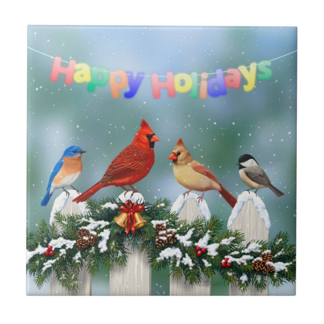 Carreau En Céramique Oiseaux de vacances et Garland de Noël (Devant)