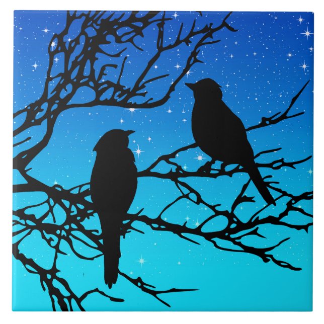 Carreau En Céramique Oiseaux sur une branche, Noir contre Bleu du soir (Devant)