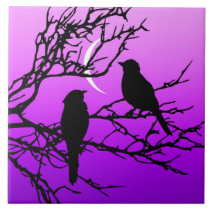 Carreau En Céramique Oiseaux sur une branche, Noir contre le crépuscule