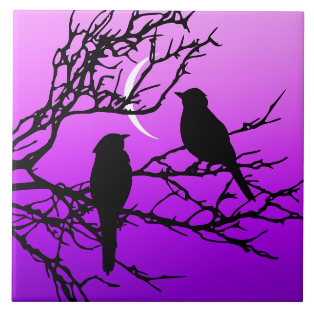 Carreau En Céramique Oiseaux sur une branche, Noir contre le crépuscule (Devant)