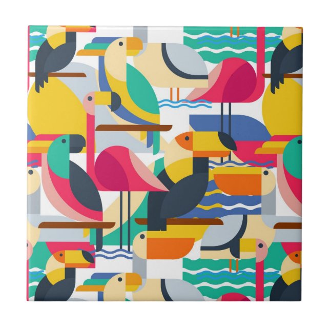 Carreau En Céramique Oiseaux tropicaux géométriques (Devant)