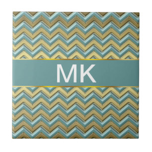 Carreau En Céramique Or et Turquoise Motif Chevron