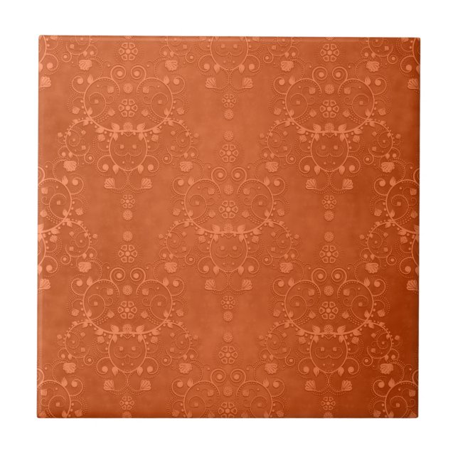 Carreau En Céramique Orange Brûlé Profond Motif Damassé Fantaisie (Devant)