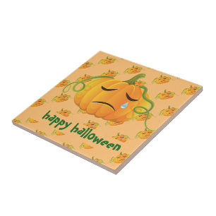 Carreau En Céramique Orange Halloween triste Citrouille sans couture Mo
