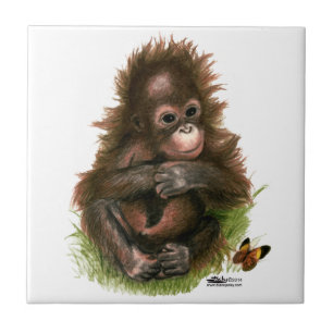 Carreau En Céramique Orangutan Baby and Butterfly