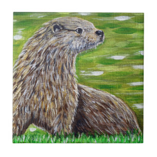 Carreau En Céramique Otter sur une peinture de rive d'une rivière