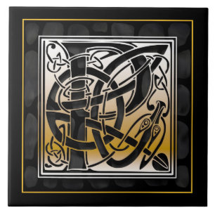 Carreau En Céramique P Monogramme Céleste de pierre noire