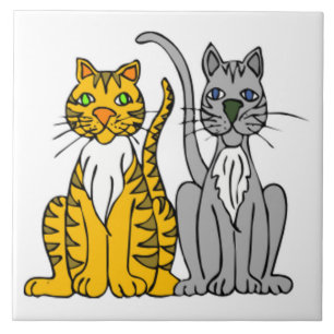 Carreau En Céramique Paires drôles de chat tigré de bande dessinée et