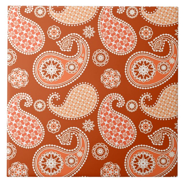 Carreau En Céramique Paisley motif, Mandarin Orange et Blanc (Devant)