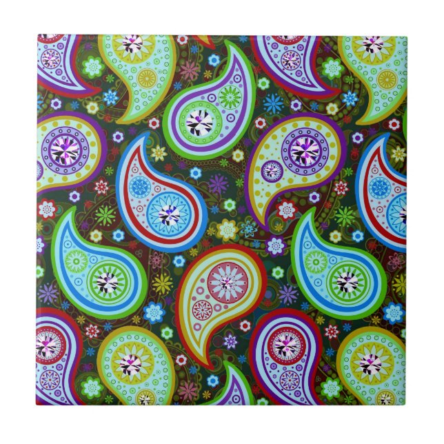 Carreau En Céramique Paisley Motif moderne 4-Diamond Studs (Devant)