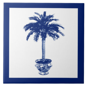 Carreau En Céramique Palmier pointillé - bleu marine et blanc