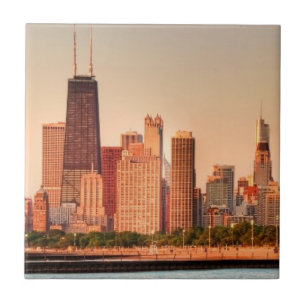 Carreau En Céramique Panorama d'horizon de Chicago au lever de soleil