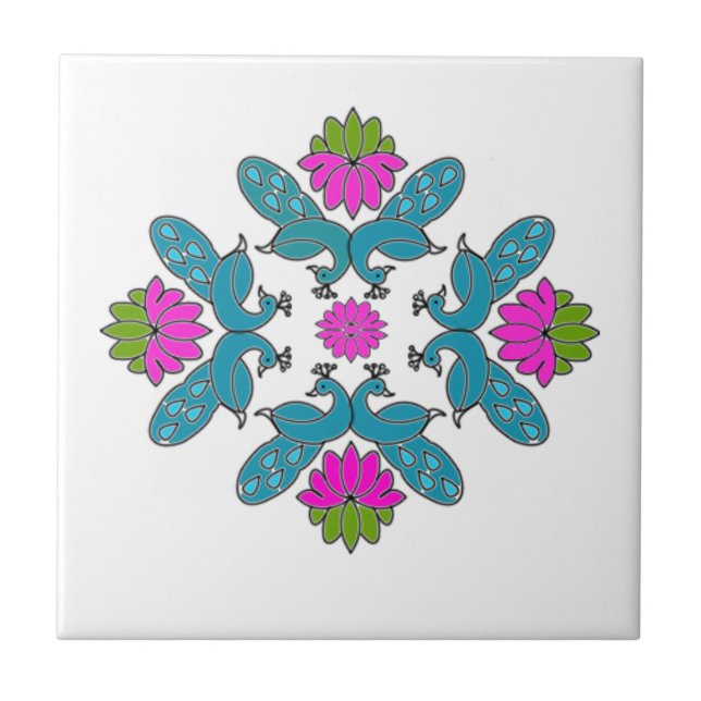 Carreau En Céramique Paon Lotus Rangoli (Devant)