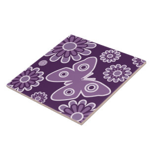 Carreau En Céramique Papillon de printemps fleuri violet et lavande mod
