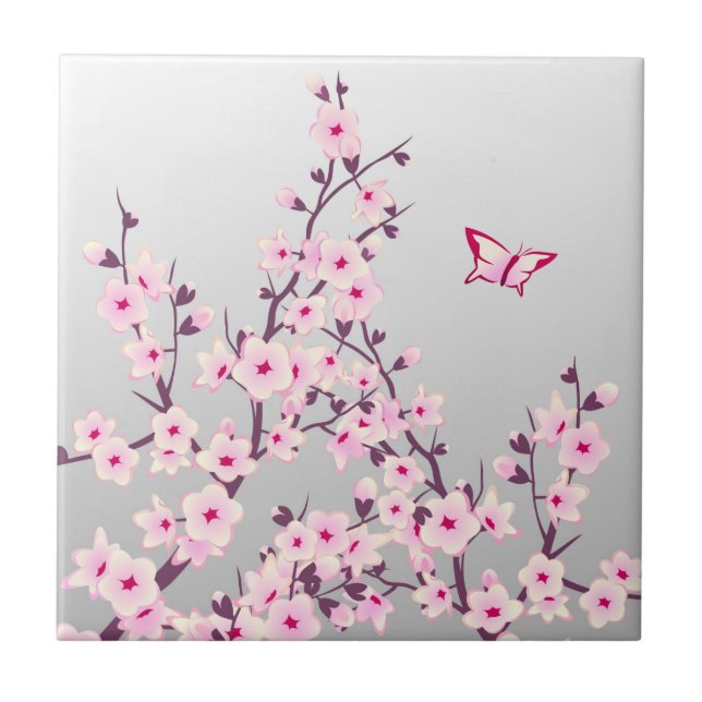 Carreau En Céramique Papillon floral en fleurs de cerise rose gris (Devant)