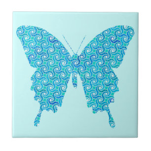 Carreau En Céramique Papillon, motif en bleu, turquoise, blanc