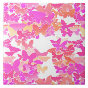 Carreau En Céramique Papillons, roses, fuchsia et corail