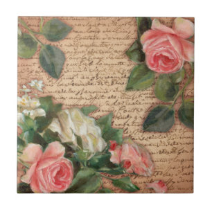 Carreau En Céramique Parchemin vintage et roses chics minables