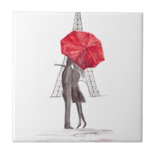 Carreau En Céramique Paris amoureux couple avec parapluie rouge