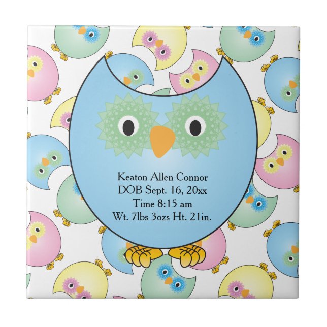 Carreau En Céramique Pastel Baby Owl Nursery Thème en bleu (Devant)