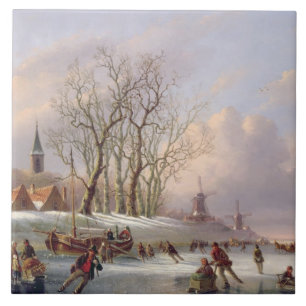 Carreau En Céramique Patineurs sur une rivière congelée avant des