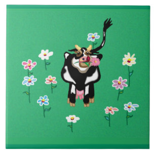 Carreau En Céramique Pâturages verts - vache et marguerites