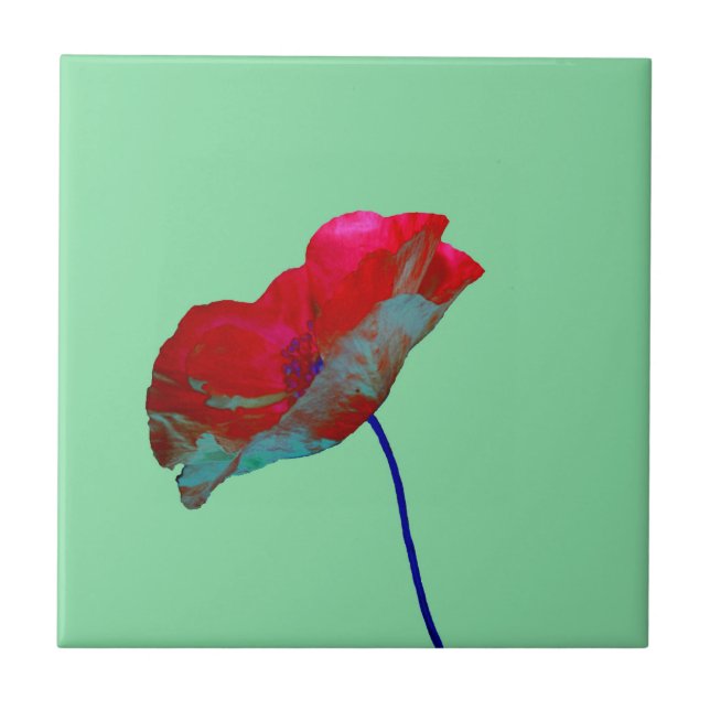 Carreau En Céramique Pavot bleu rouge sur vert émeraude (Devant)