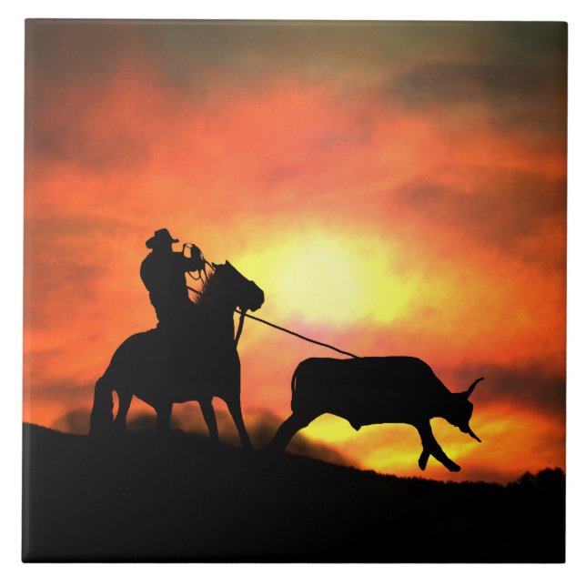 Carreau En Céramique Pays Western Roping Cowboy Art Tile (Devant)