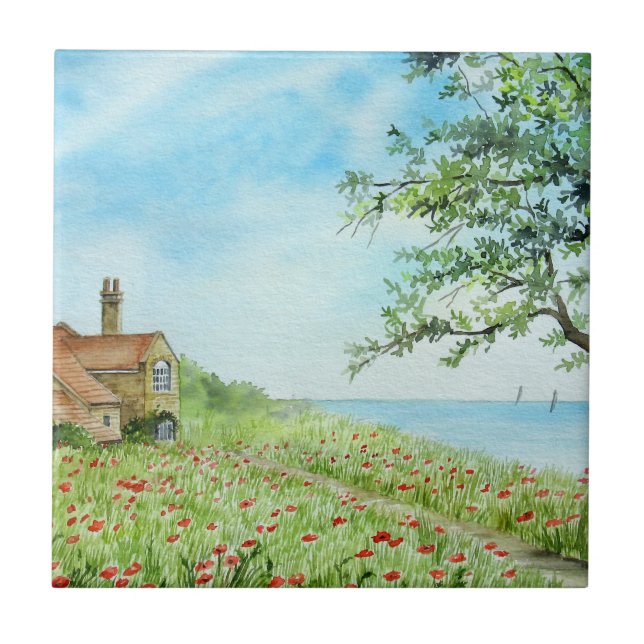Carreau En Céramique Paysage de terrain de pavot peinture aquarelle (Devant)