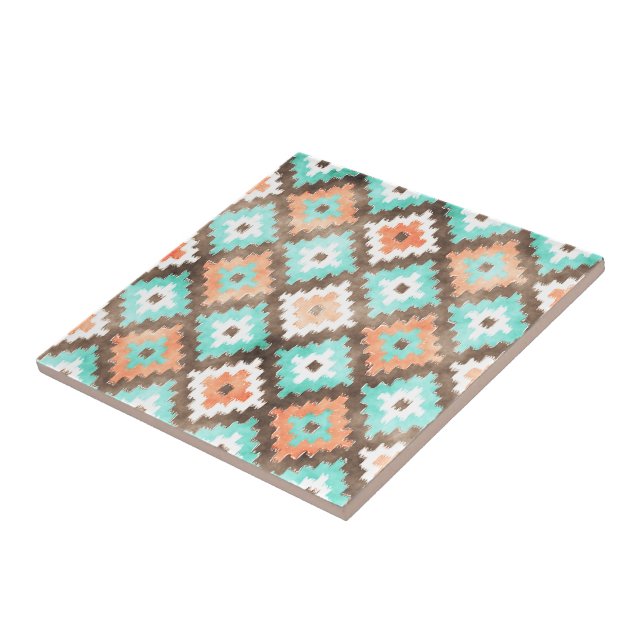 Carreau En Céramique Pech Orange Turquoise Aqua Green Tribe Art (Côté)