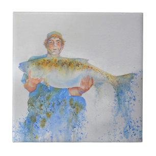 Carreau En Céramique Pêcheur peinture d'aquarelle cadeau de pêche pour 
