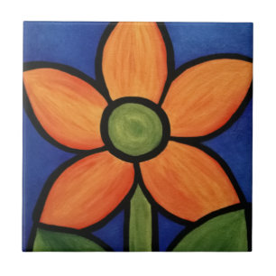Carreau En Céramique Peinture colorée orange de ciel bleu de fleur