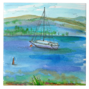Carreau En Céramique Peinture d'aquarelle Mountain Lake