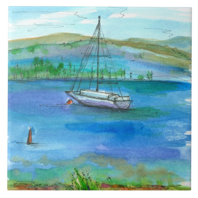 Carreau En Céramique Peinture d'aquarelle Mountain Lake (Devant)