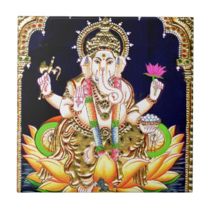 CARREAU EN CÉRAMIQUE PEINTURE DE LOTUS GANESHA TANJORE