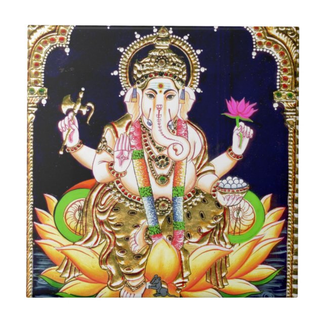 CARREAU EN CÉRAMIQUE PEINTURE DE LOTUS GANESHA TANJORE (Devant)