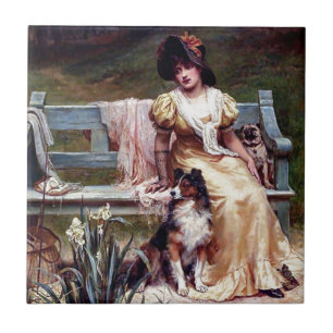 Carreau En Céramique Peinture de Madame et de deux chiens