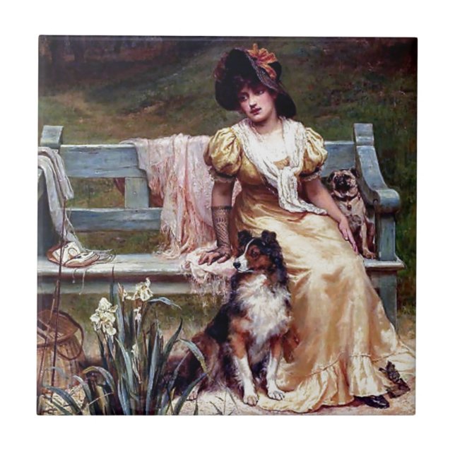 Carreau En Céramique Peinture de Madame et de deux chiens (Devant)