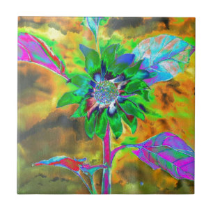 Carreau En Céramique Peinture de tournesol abstraite rétro or vert