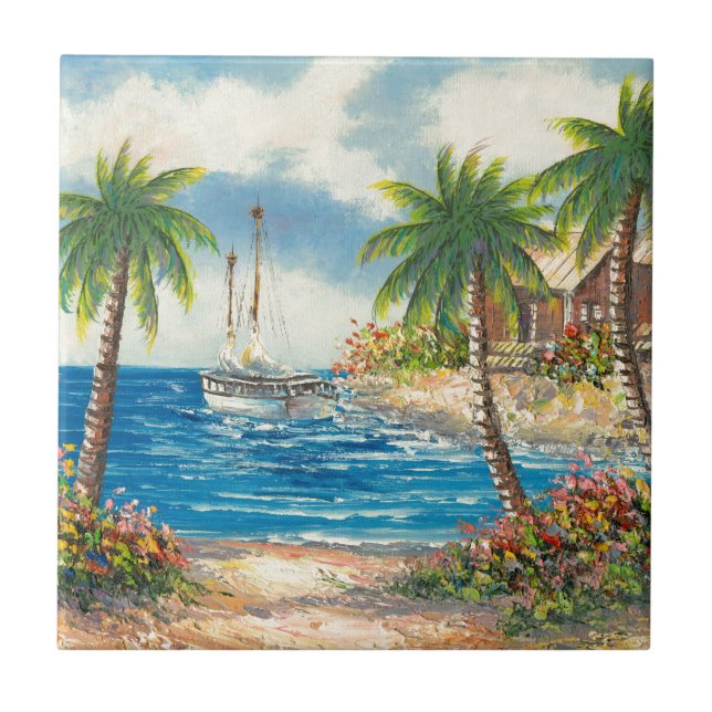 Carreau En Céramique Peinture d'un voilier en Hawaï (Devant)