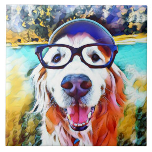 Carreau En Céramique Peinture nerd en verre de golden retriever vibrant