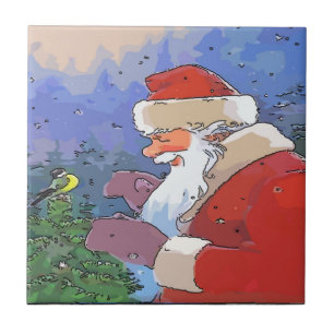 Carreau En Céramique Père Noël avec oiseaux