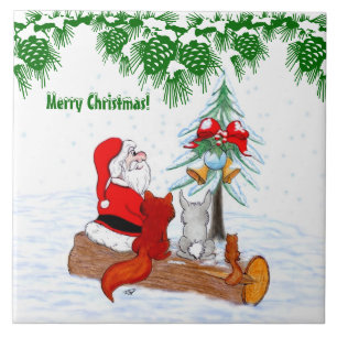Carreau En Céramique Père Noël avec Renard de lapin et écureuil